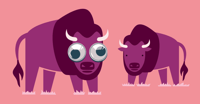 An illustration of two purple buffalo on a pink background, one with big googly eyes.